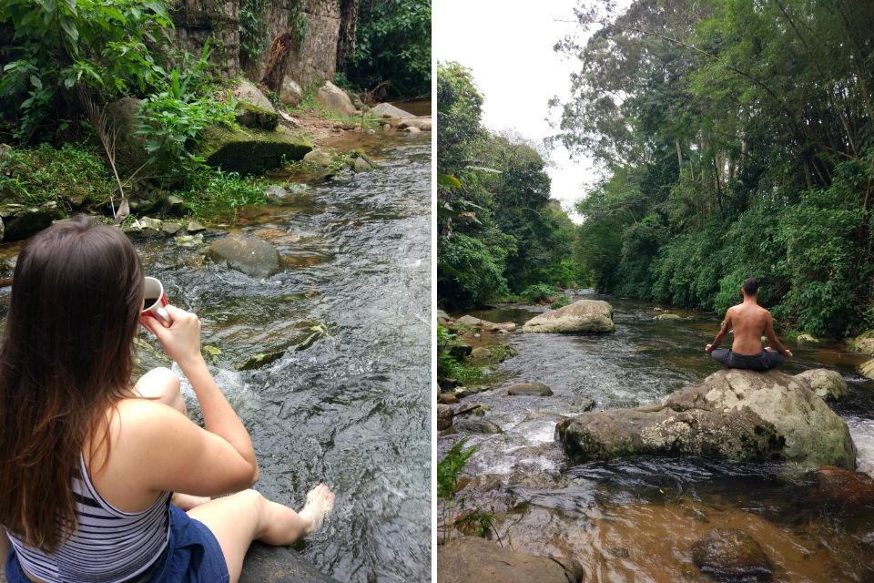 Tomando café e fazendo yoga no rio em Ilhabela