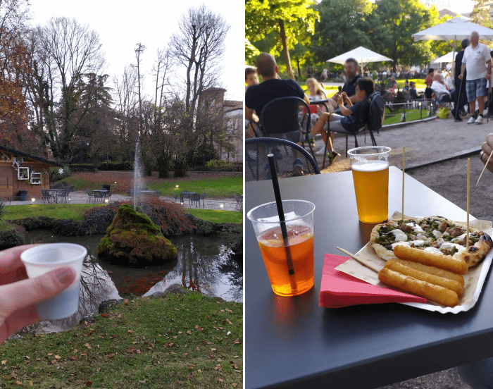 Imagem formada por duas fotos: uma de um café num dia nublado no Giardino, outra num dia de verão, com drinks e uma pizzinha