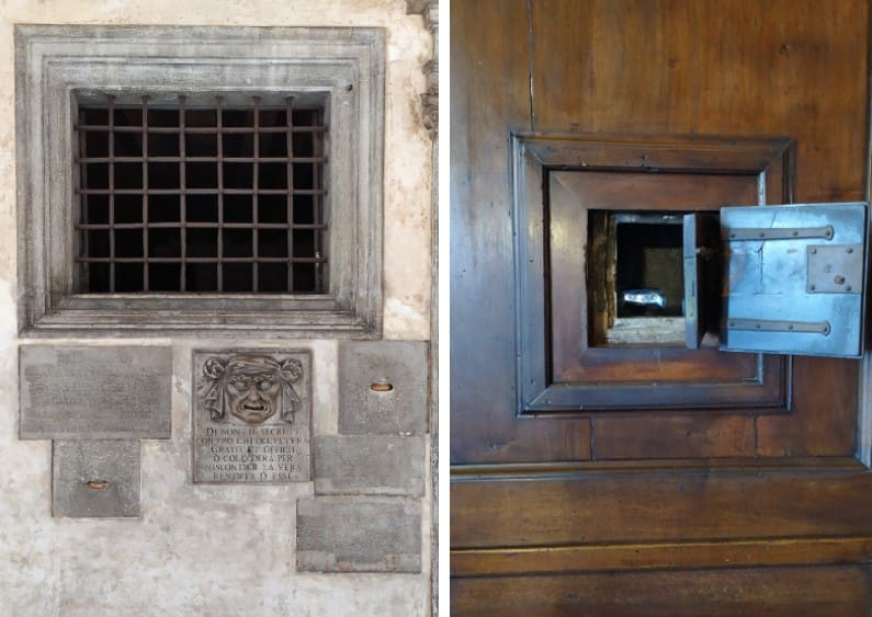 À esquerda, parede com uma boca de leão vista de fora; à direita, a boca de leão vista por dentro no Palazzo Ducale, em Veneza