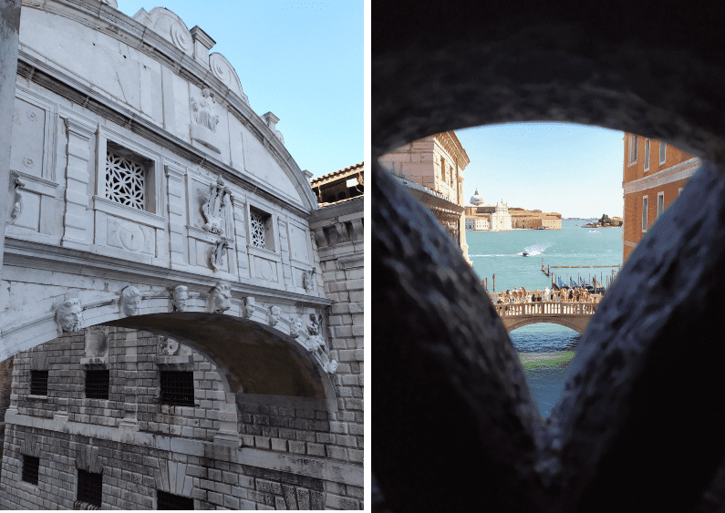 De um lado, a vista de fora da Ponte dos Suspiros; do outro, a vista do Canal Grande por um buraquinho na janela da ponte