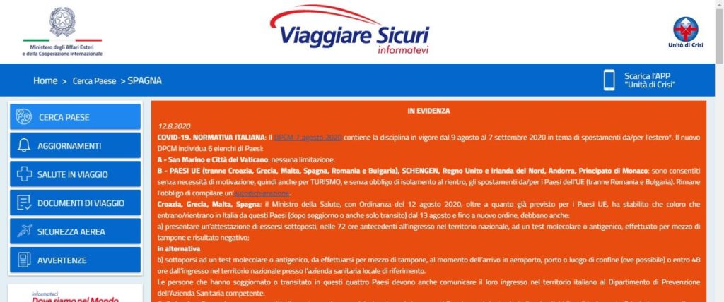 Screenshot do site Viaggiare Sicuri, que mostra se é seguro viajar da Itália para outros países da Europa