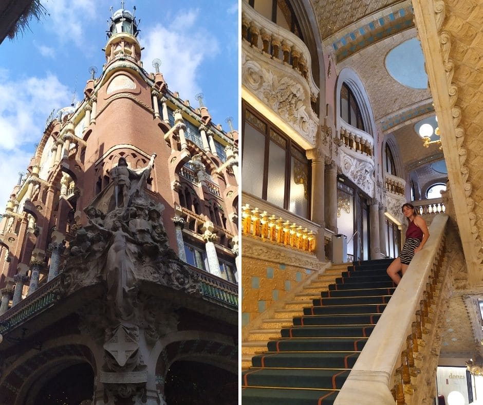 À esquerda, fachada do Palau de la Musica Catalana; à direita, escadaria